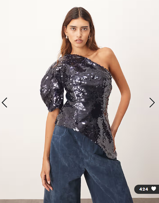 ARRANGE sculptural one shoulder sequin top in navy
