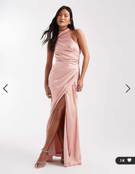 TFNC Petite Bridesmaid satin halter neck wrap skirt maxi dress in pink
