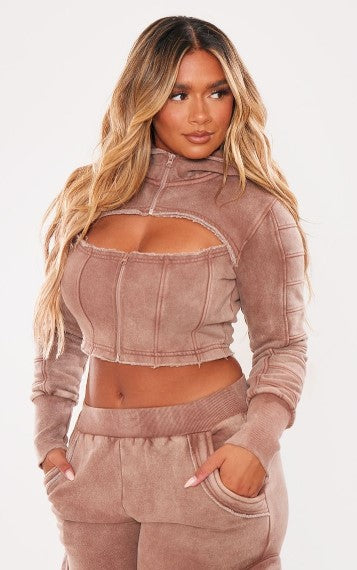 SHAPE MOCHA WASHED SWEAT CUT OUT HOODIE