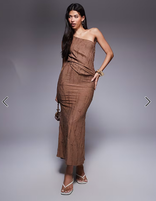 ASOS DESIGN draped one shoulder maxi dress with ladder fabric in chocolate