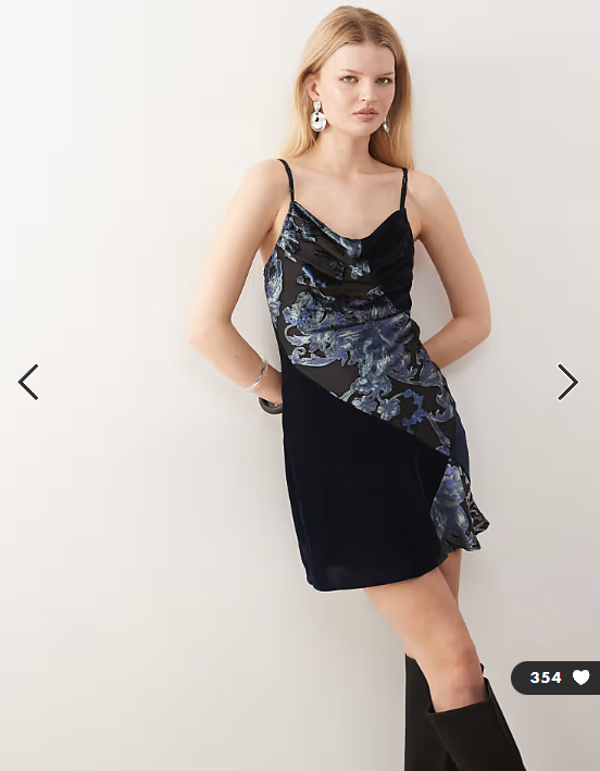 Reclaimed Vintage mini dress with splice velvet panels and floral devore in navy blue