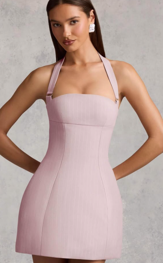 OhPolly-Pinstripe Halterneck Structured A-Line Mini Dress in Mauve