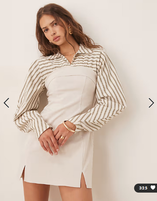 ASOS DESIGN 2 in 1 linen bengaline and stripe shirt mini dress in natural
