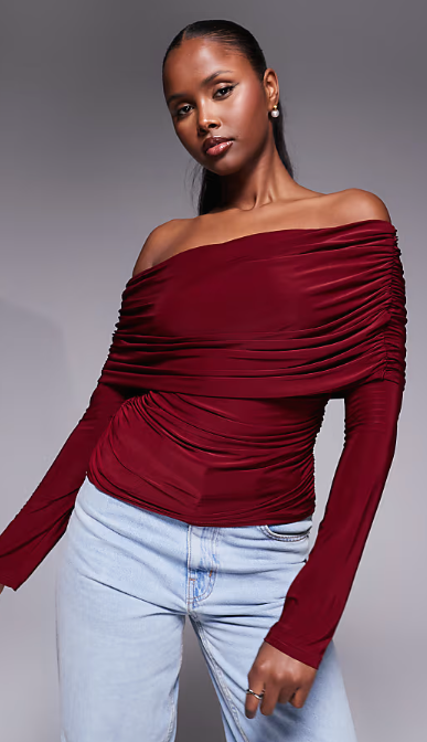 ASOS DESIGN slinky drape bardot long sleeve top in burgundy
