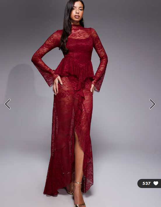 ASOS DESIGN high neck sheer lace maxi dress with peplum detailing and body suit lining in raspberry