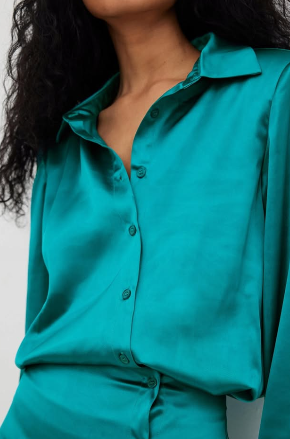 NAKD - Satin Longsleeve Shirt Dress- Green Blue