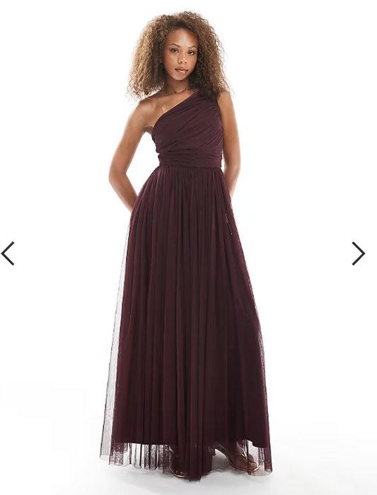 Lace & Beads Bridesmaid one shoulder maxi dress in plum