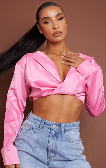 Candy Pink Satin Bardot Twist Front Crop Top