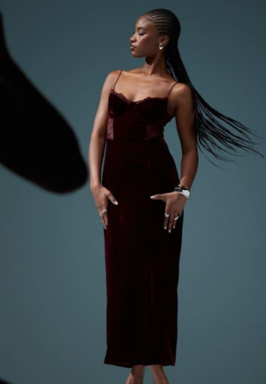 Asos - velvet corset midi dress wirh lace insert in burgundy