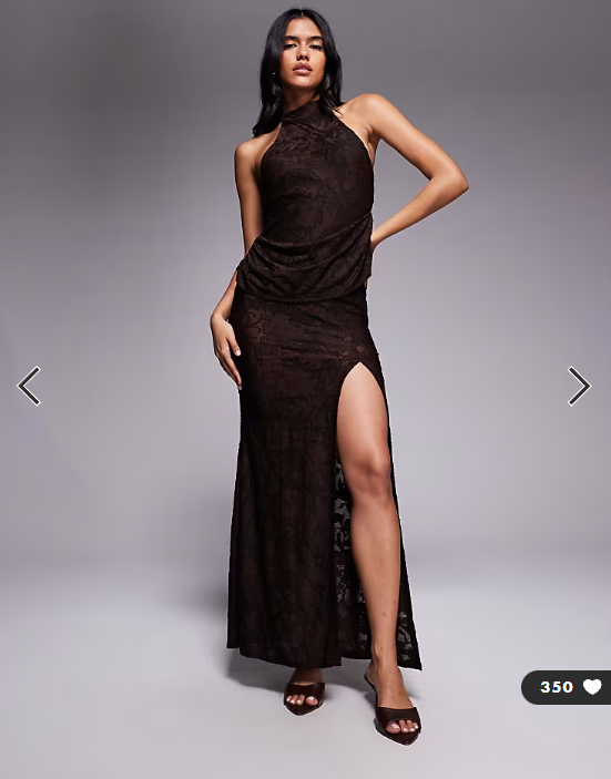 ASOS DESIGN devore lace halterneck maxi dress with ruching in chocolate