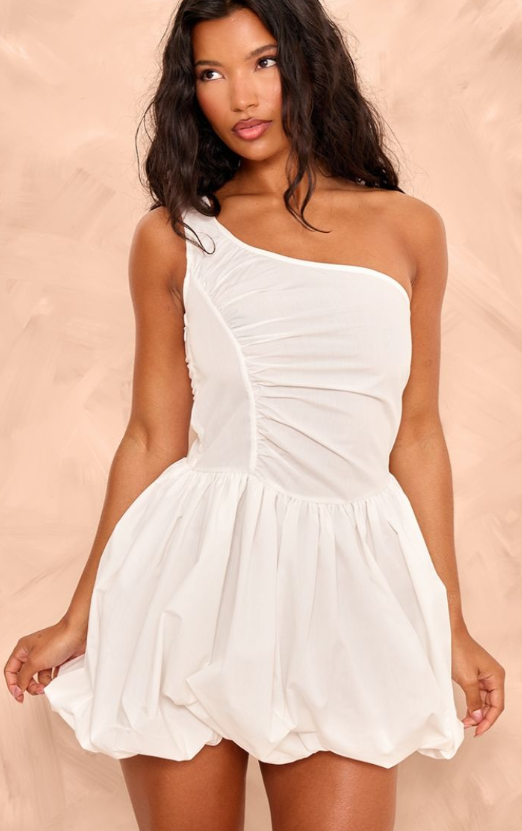 White One Shoulder Ruched Puff Ball Dress