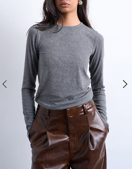 Topshop premium rib long sleeve top in grey marl