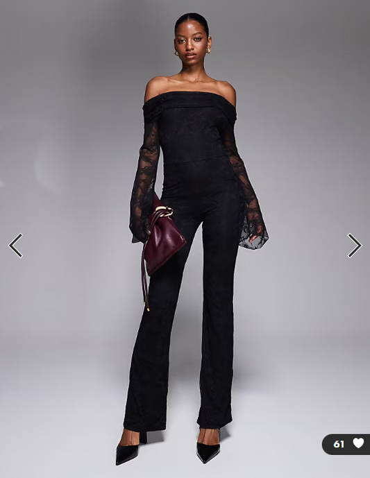 Kaiia exclusive double layered slinky lace longsleeve foldover bardot jumpsuit in black