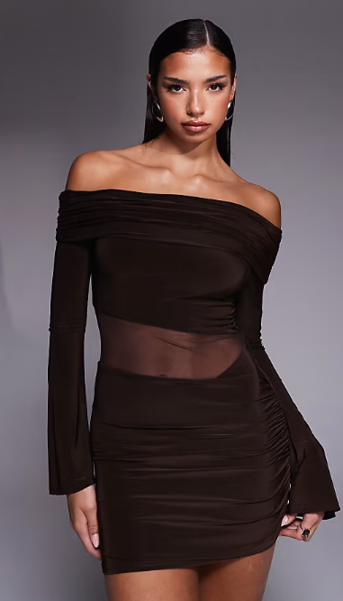 Asos - Kaiia exclusive slinky bardot flare sleeve mesh insert mini dress in chocolate