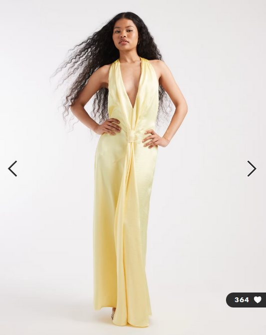 TFNC Petite Bridesmaid satin plunge halter neck tassel detail maxi dress in lemon - YELLOW