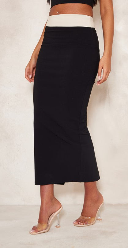 Tall Black Contrast Fold Over Midaxi Skirt