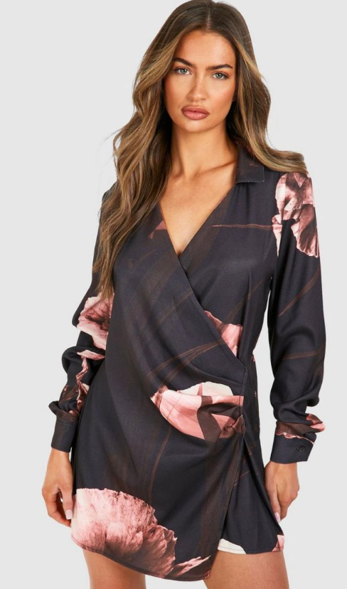 Boohoo -Dark Floral Satin Wrap Shirt Dress - black