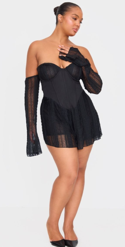 Plt - Plus Black Textured Lace Corset Detail Long Sleeve Playsuit