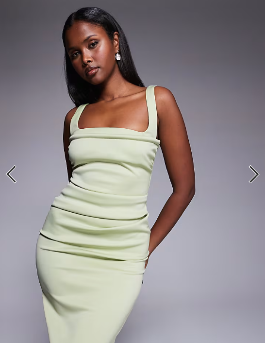 ASOS DESIGN curved neckline midi dress with split in sage green in scuba-style fabric