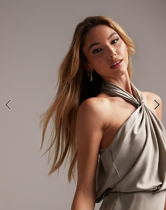 ASOS DESIGN Bridesmaid satin ruched halter neck maxi dress in sage green