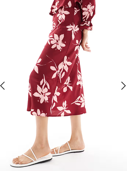 Wednesday's Girl floral print bias cut midaxi skirt in burgundy