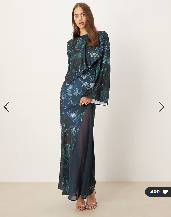 Asos - satin long sleeve cape detail maxi dress in navy floral print