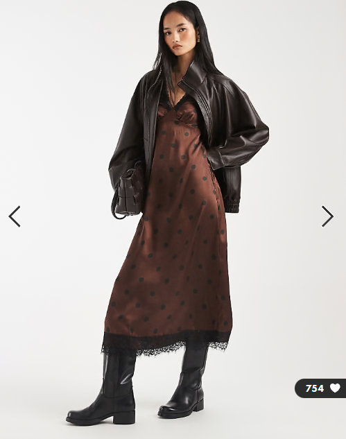 New Look polka dot long sleeve midi tea dress in brown
