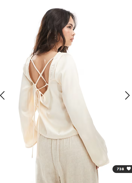 ASOS DESIGN tie back satin long sleeve top in oyster