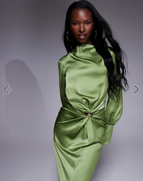 ASOS DESIGN twist front bias satin maxi dress with gold hardware in olive green