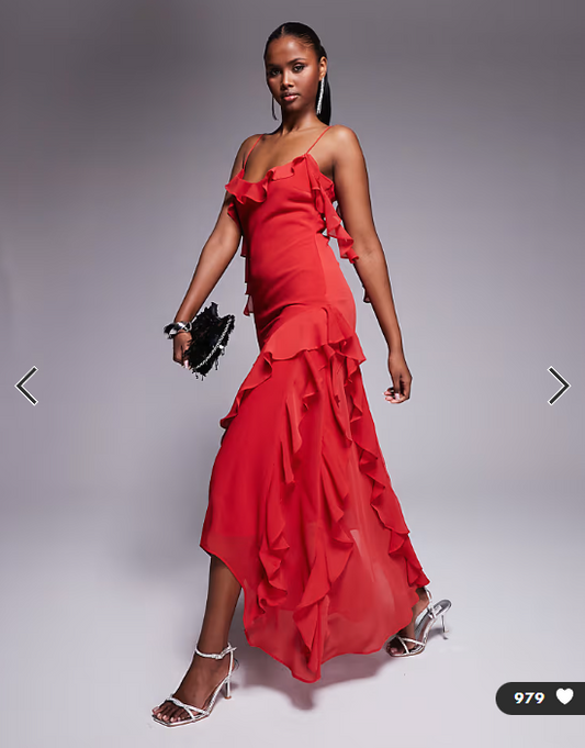 ASOS DESIGN textured chiffon maxi dress with trailing ruffles in red