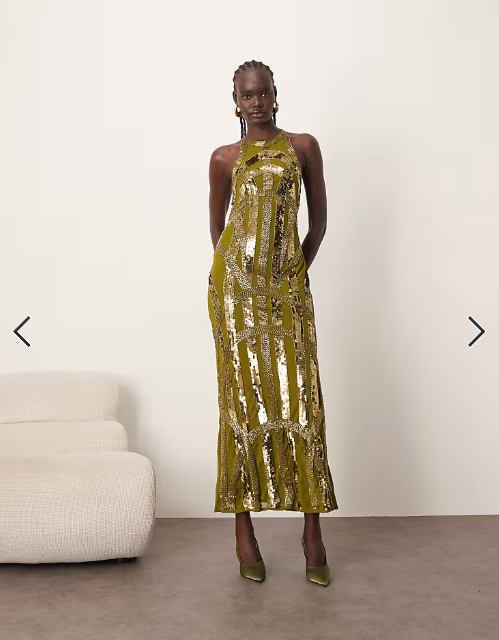 Arrange - deco linear embellished racer neck maxi dress in olive