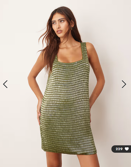 ARRANGE embellished beaded square neck shift mini dress in olive