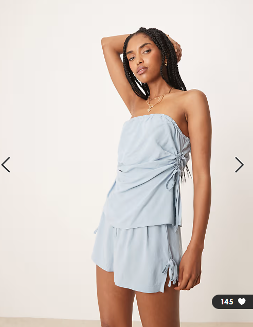 ASOS DESIGN linen blend ruched tie side bandeau top in blue co ord