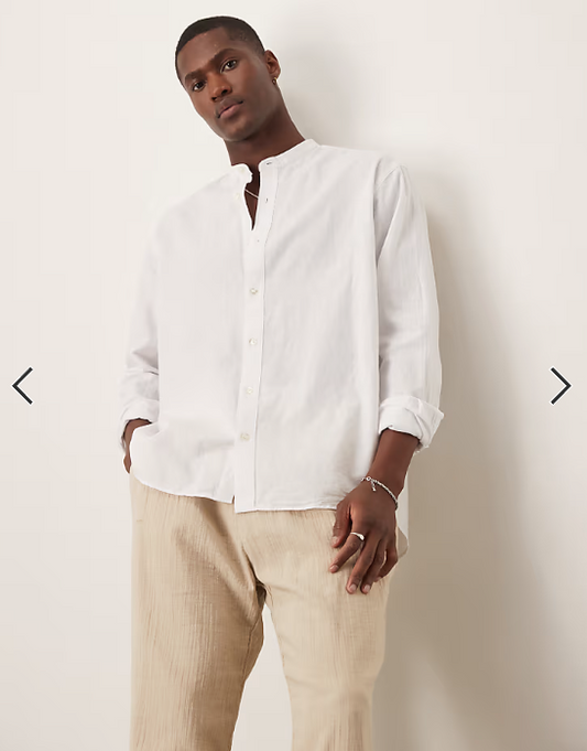 Selected long sleeve band collar linen blend shirt in white