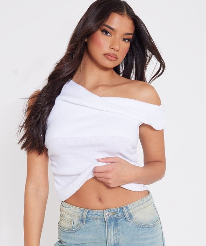 White Brushed Rib Ruched Side Long Top