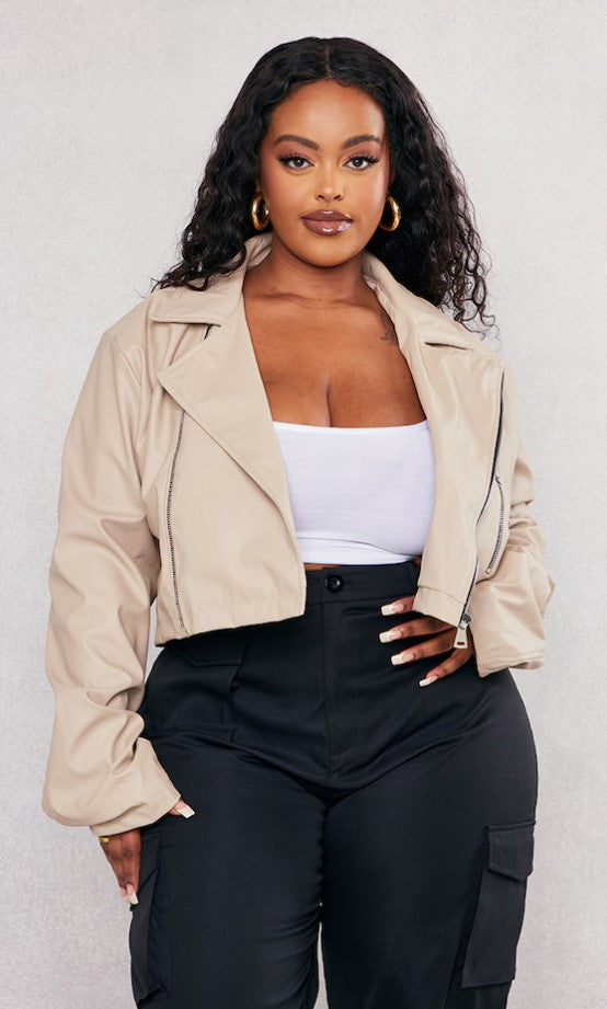 Plus Stone Faux Leather Super Cropped Biker Jacket