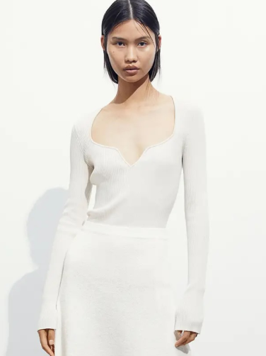 H&m - RIB-KNIT SWEETHEART-NECK TOP- Cream