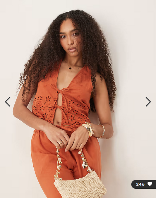 Iisla & Bird ruffle tie front broderie waistcoat co-ord in rust