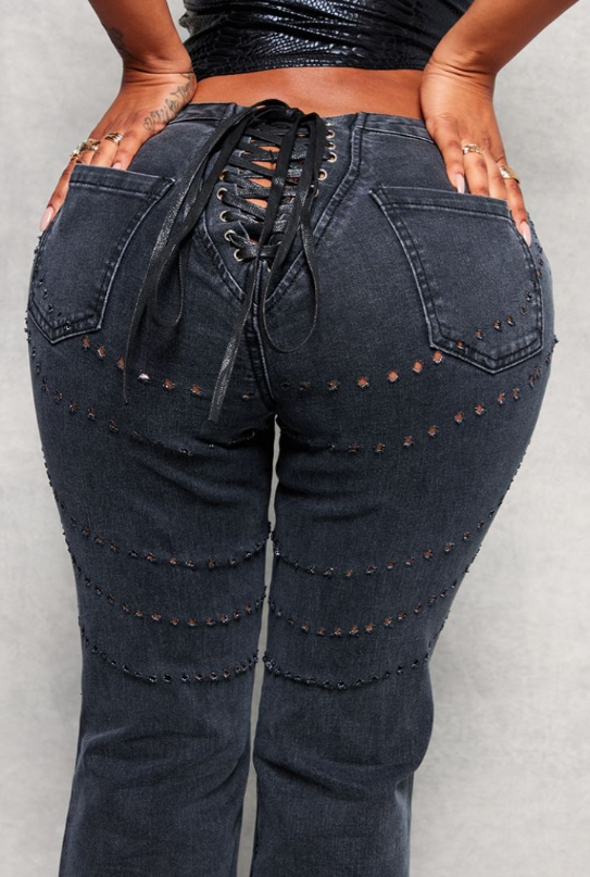 Plt - Shape Black Denim Lace Up Back Flare Jeans