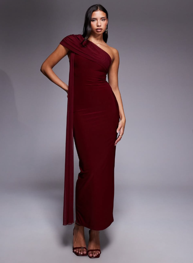 Kaiia - exclusive double layered slinky mesh one shoulder drape detail maxi dress in burgundy