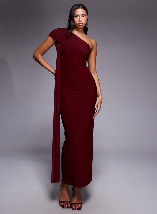 Kaiia - exclusive double layered slinky mesh one shoulder drape detail maxi dress in burgundy
