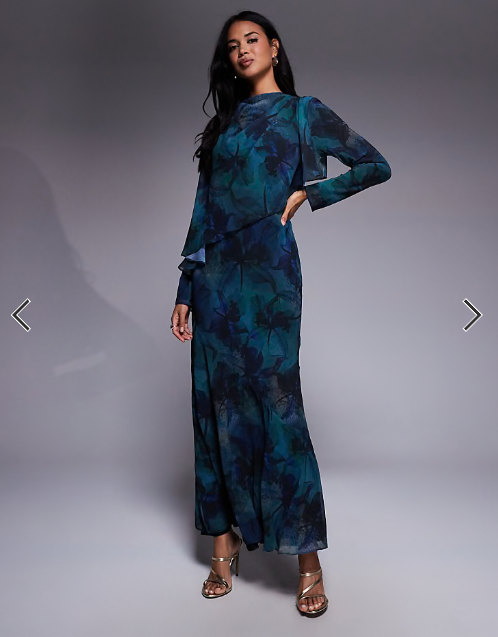 Daska ruffle cape maxi dress in deep blue abstract print