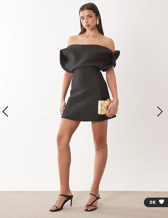 ASOS DESIGN structured bardot mini dress in black scuba-style fabric