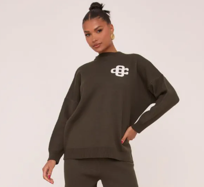 Ego - High Neck Oversized Contrast Swirl Detail Sweatshirt In Dark Khaki Green Knit