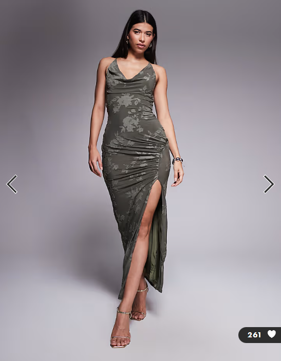 ASOS DESIGN cowl burnout halter maxi dress with gold hardware in khaki