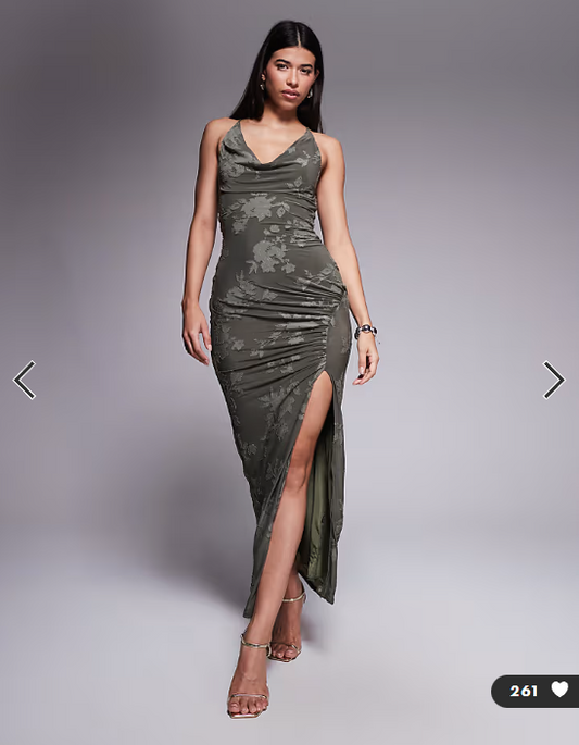 ASOS DESIGN cowl burnout halter maxi dress with gold hardware in khaki
