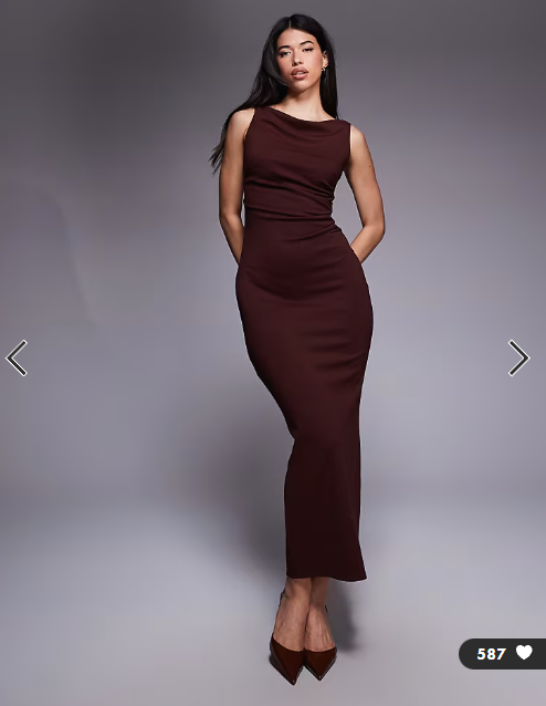 ASOS DESIGN slash neck ruched midi dress in wine