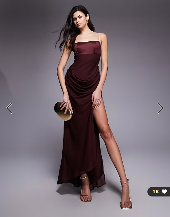 ASOS DESIGN satin bust square neck maxi dress with drape chiffon skirt in chocolate