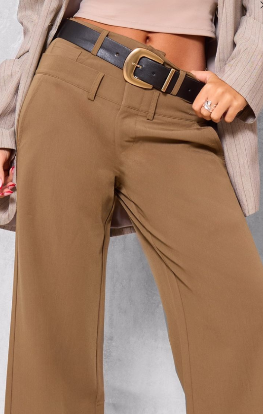 Plt - Taupe Tailored Woven Double Waistband Wide Leg Trousers