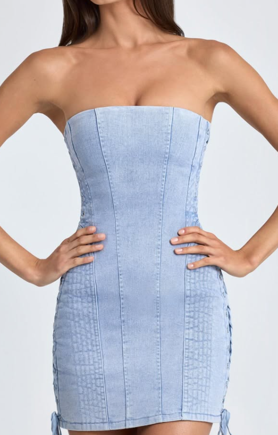 OhPolly- Bandeau Lace-Up Mini Dress in Light Blue Stonewash
